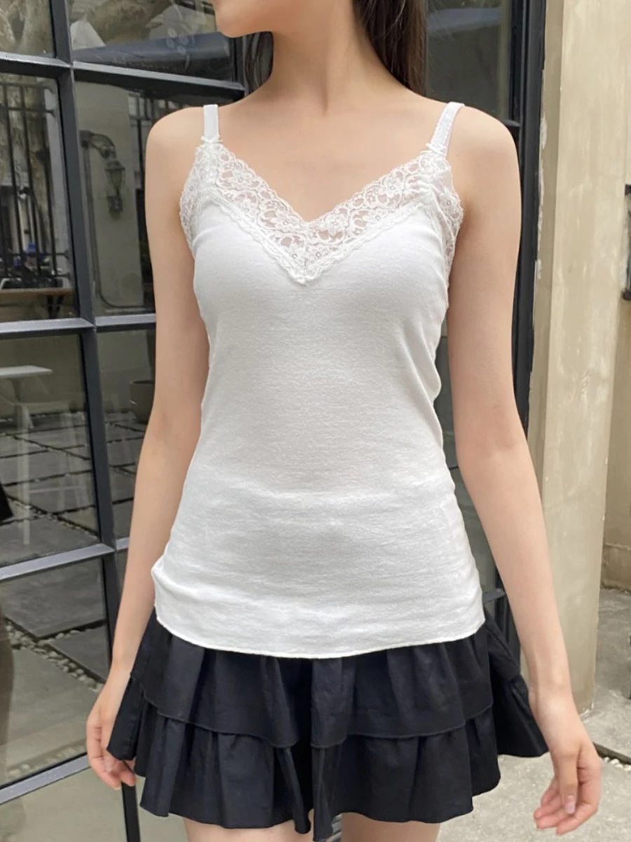 

Белый базовый укороченный топ с кружевной отделкой, женские летние хлопковые майки без рукавов с v-образным вырезом и бантом, милые универсальные тонкие майки Y2k Clothes