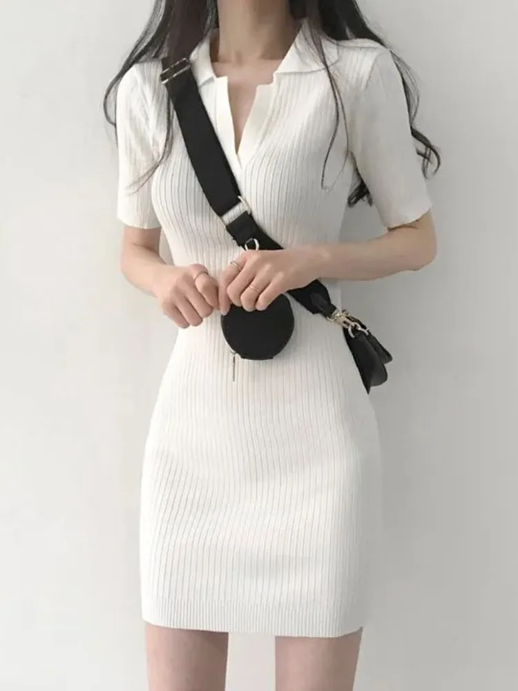 South korea Chic Summer Tight Polo Collar Knitted dress Women White Short dress Slimming Elegant Hip Skirt for Women