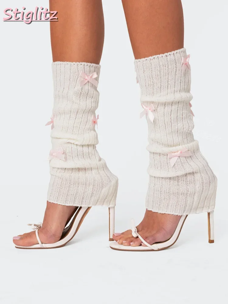 

Sweet Butterfly-knot Sandals Mesh Socks Slip-on Stilettos Round Toe Buckle Straps Dress Shoes Solid 2025 Summer Women New