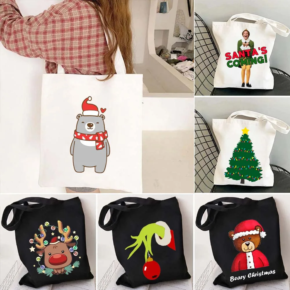 

Merry Christmas Reindeer Bear Hat Tree Buddy Green The Elf Rudolph Santa Dabbing Cartoon Shopper Canvas Tote Bag Cotton Handbags