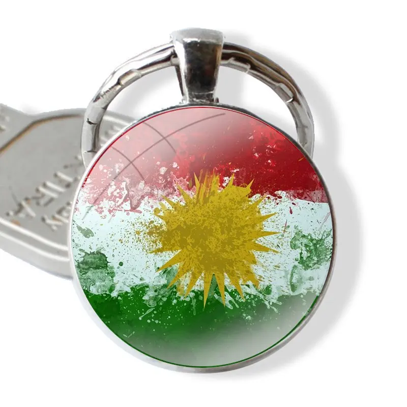 Gantungan kunci buatan tangan, gantungan kunci Cabochon kaca, gantungan kunci liontin, rantai kunci, bendera kurdistan