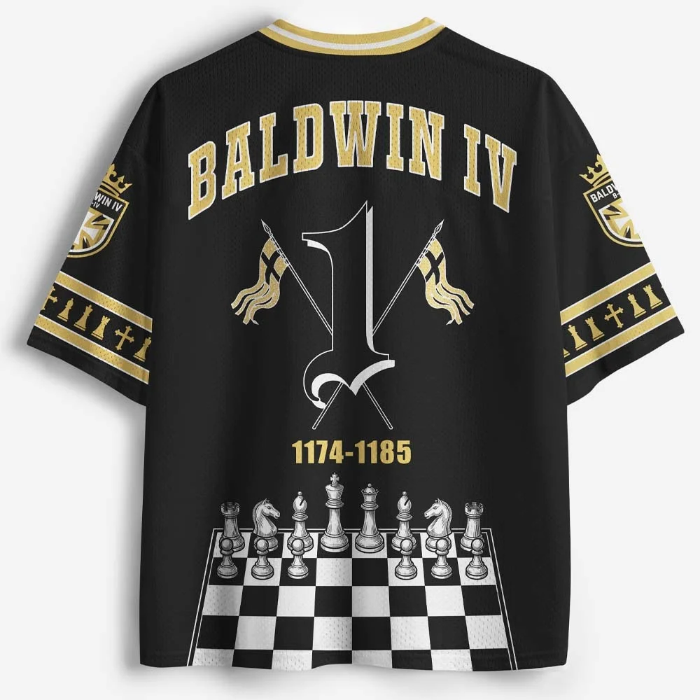 V Neck Mesh Short Sleeve Shirt, The Leper King Baldwin Knight Cross Print Casual Top, Retro Faith Street Sports Tee