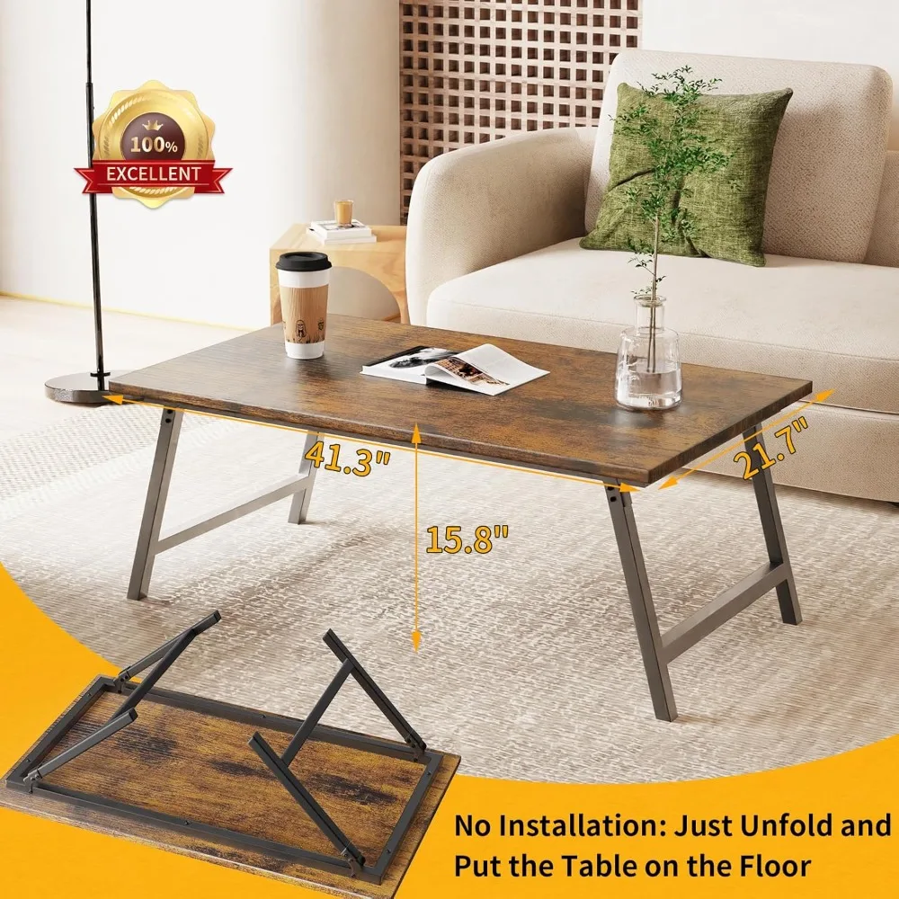 Folding Coffee Table, Portable Wood Low Table with Metal Legs,
