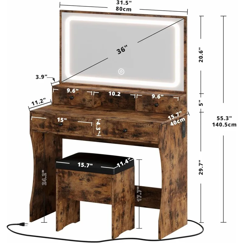 Set Meja Rias dengan Cermin Menyala LED & Stopkontak, Meja Rias Rias dengan 4 Laci, Bangku Penyimpanan, Meja Rias F