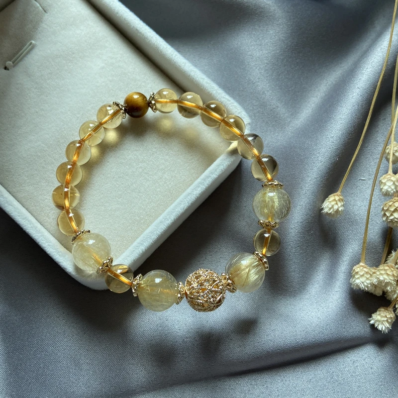 Natural  Gold Rutilated Quartz Woman  Titanium Wealthy Stone Beads Bracelet Jewelry Bangle Luck Gemstone Reiki Crystal Bracelet