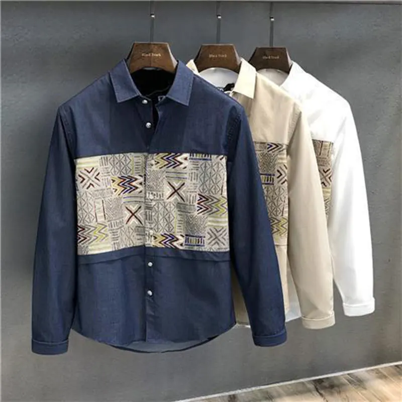 Elegant Fashion Harajuku Slim Fit Shirt Stand Collar Button Patchwork Long Sleeve Outerwear Loose Sport All Match Male Clothes