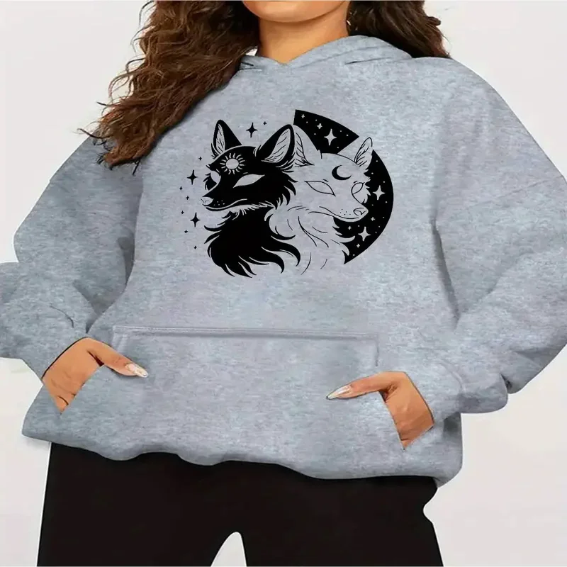 Женская толстовка с рисунком Moon Stars Wolf, уютный повседневный пуловер с карманом, осенне-зимний сезон, комфортная повседневная одежда и уличная одежда