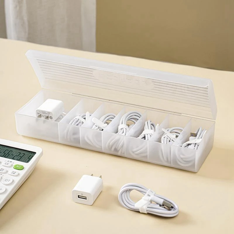 Caja de almacenamiento de Cable de datos transparente, contenedor de almacenamiento de línea de datos de plástico para auriculares de escritorio, almacenamiento de papelería