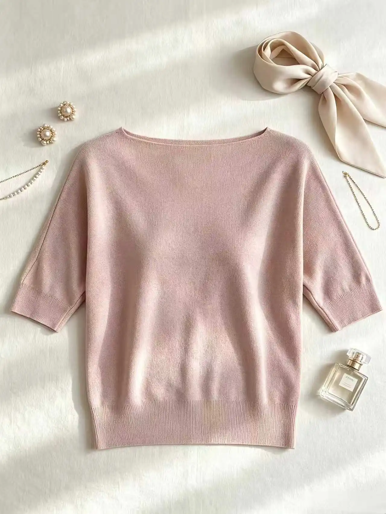 Women's boat neck bat sleeves elegant solid color knitted sweater casual versatile top
