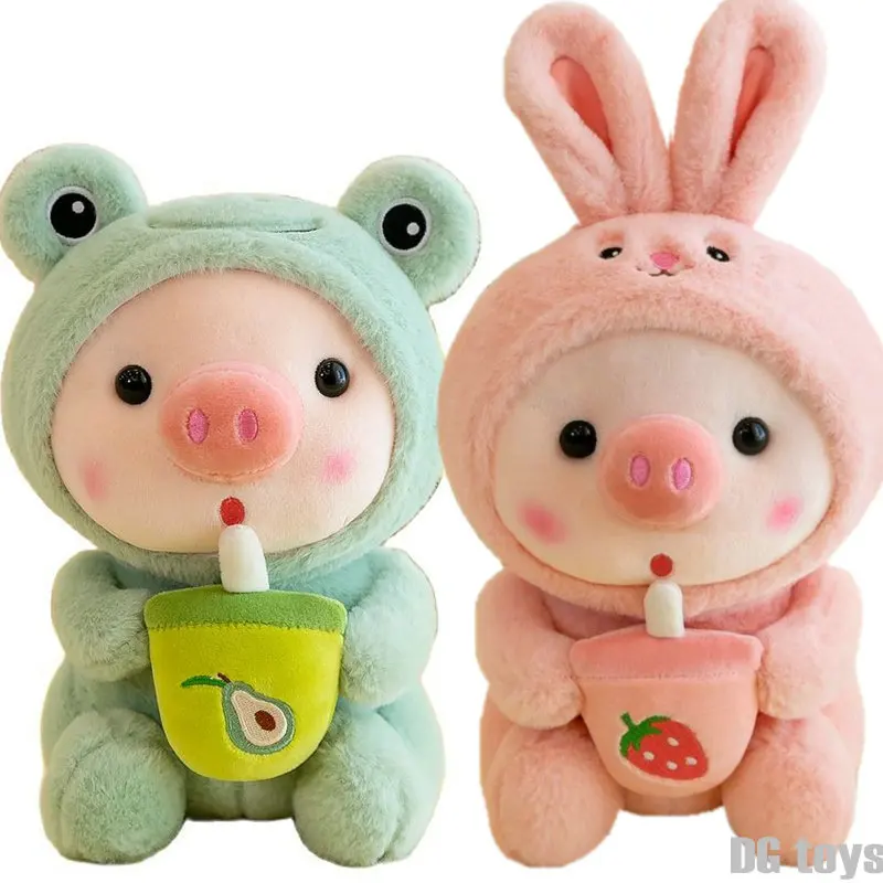 1pc 25cm Cosplay Unciorn Frog Tiger Bunny Boba Tea Plushie Pink Pig Plush Toy Girl Cuddly Baby Appease Doll Birthday Gift