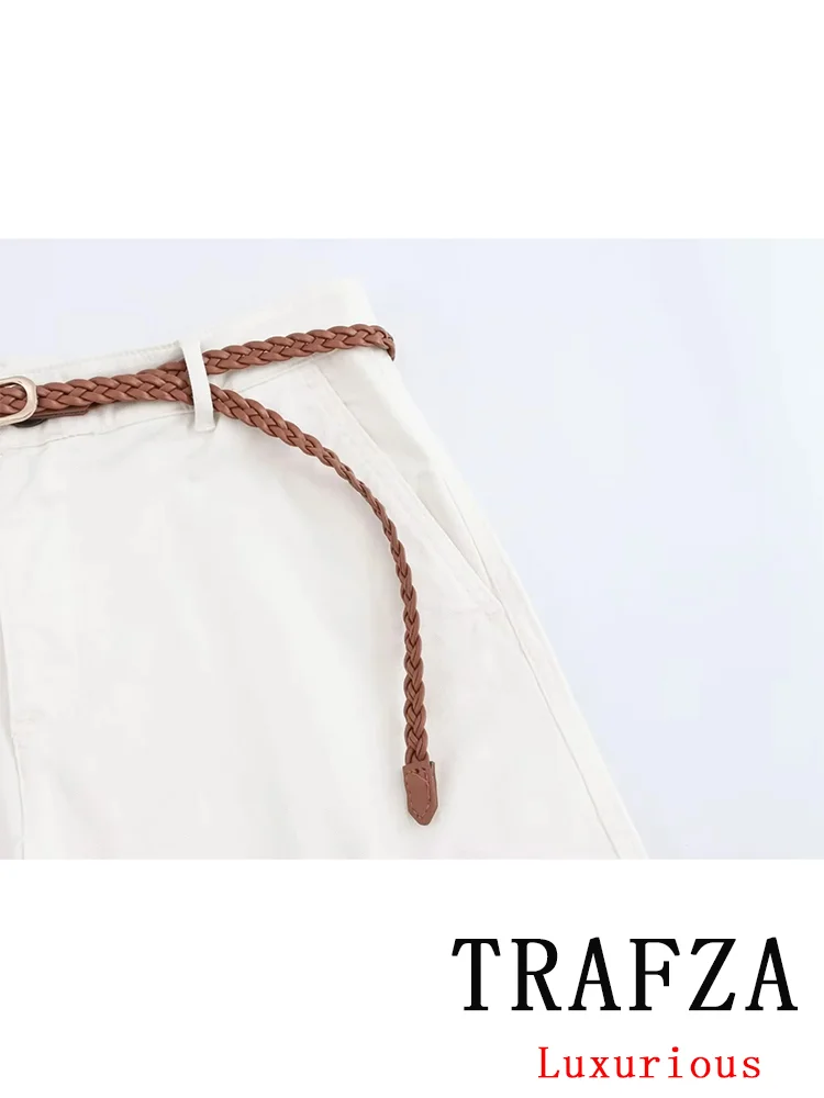 TRAFZA Casual Chic Vintage Women Pants Solid Sashes Pockets Zipper Straight Pants Fashion 2024 Autumn Office Lady Trousers