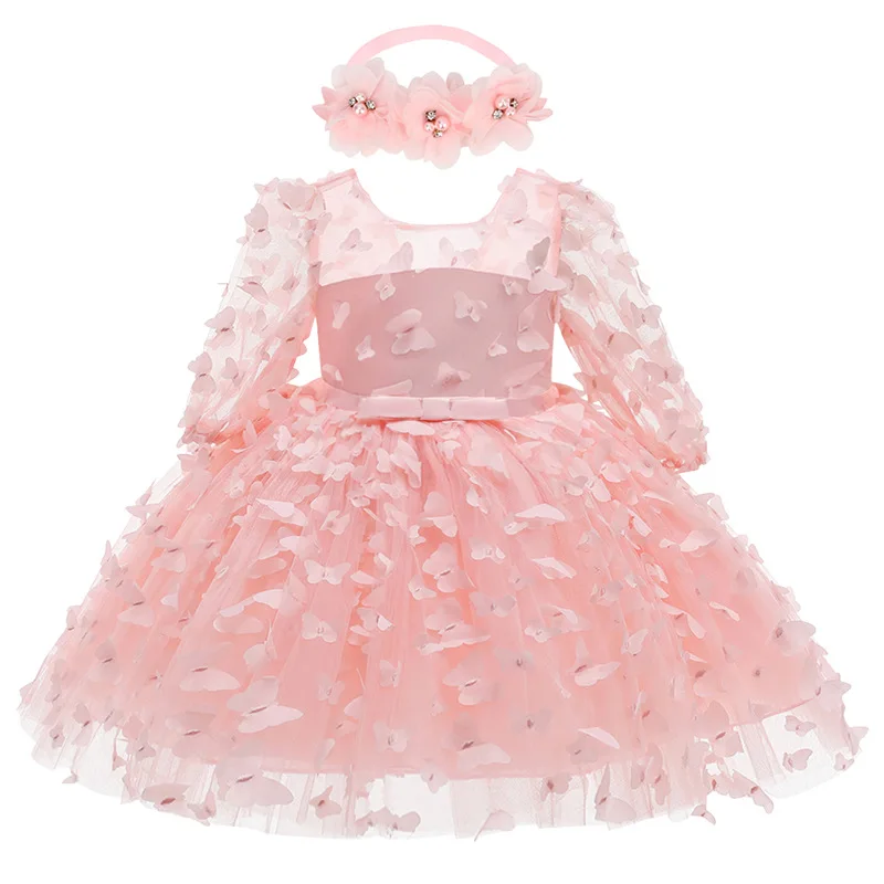 Vestido infantil de mangas médias, vestido de princesa fofo, vestido formal infantil, desenho tridimensional de flores, bebê e criança