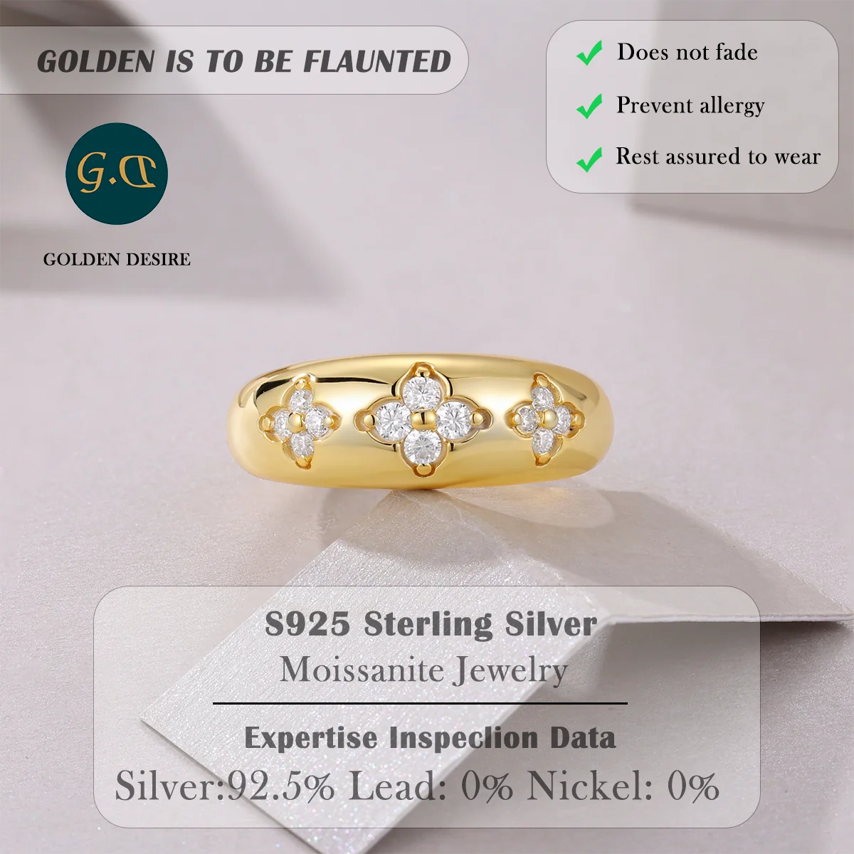 0.24ctw Elegant Floral Moissanite Ring, Crafted in 925 Sterling Silver with 18K Gold Plating, Adding Sparkling Stone Accents