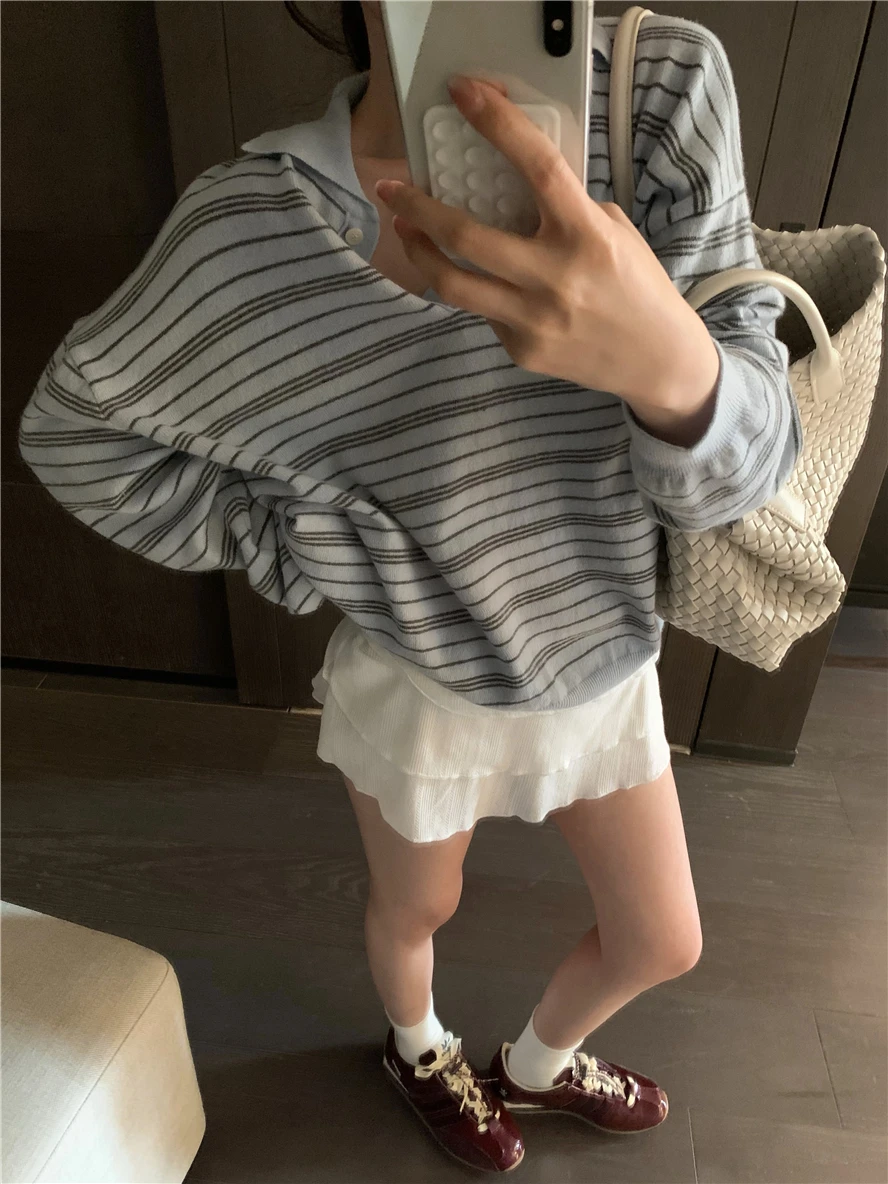 

Корейская свободная вязаная рубашка на пуговицах с отложным воротником, в полоску, повседневный топ для женщин, модная новинка весенней коллекции