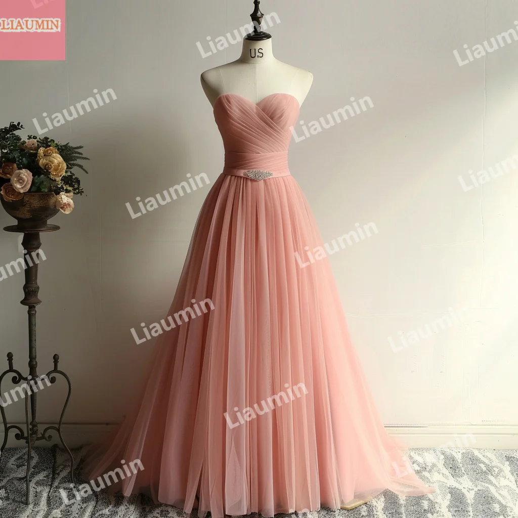 

Custom Simple Pink Tulle Pleat Lace Up Back Summer Prom Dress Floor Length Strapless Evening Dresses Formal Clothing W15-48.4