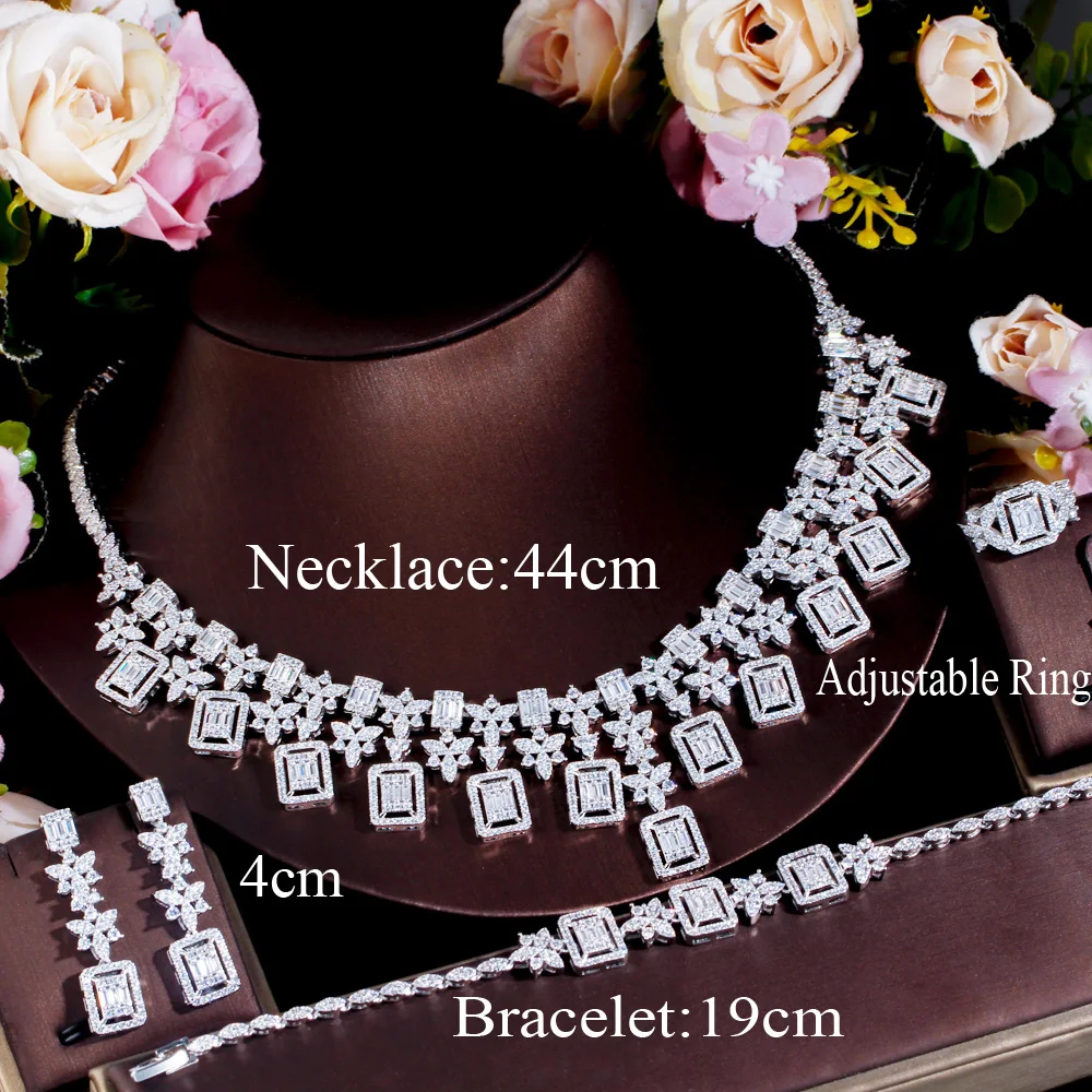 CWWZircons European CZ Paved 4 Pcs Women Wedding Banquet Necklace Earrings Bracelet Ring Bridal Jewelry Sets for Party Wear T648