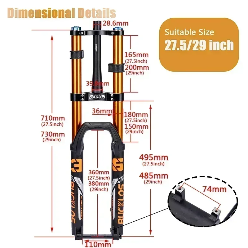 BUCKKub-Fourche à suspension pneumatique pour vélo électrique, VTT de descente, fourches AM, 27.5mm, voyage Boost, vélo, rebond, couronne de touristes, 180x15mm, 29 pouces, 110