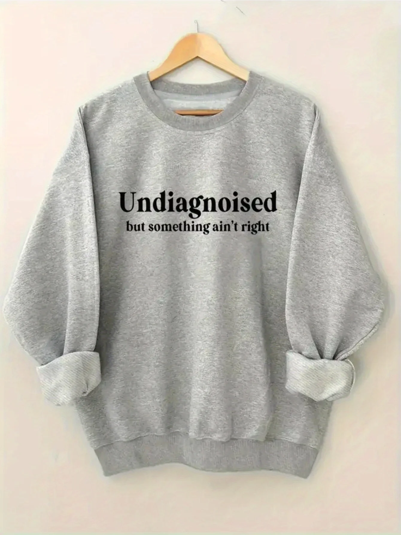 1 سترة نسائية كاجوال برقبة دائرية "تشخيصها ولكن ليس على حق" طباعة نمط، سترة رمادية متوسطة التمدد #1