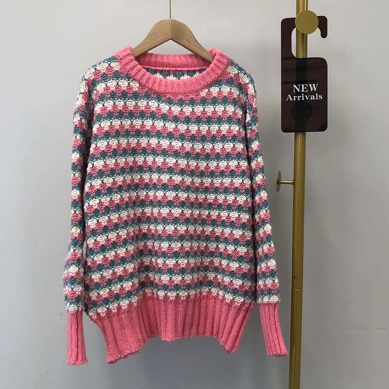 EBAIHUI Women Sweater O Neck Pullover Chic Thicken Striped Sweaters Winter Clothes Sweet Jumper Leisure Loose Knitwear