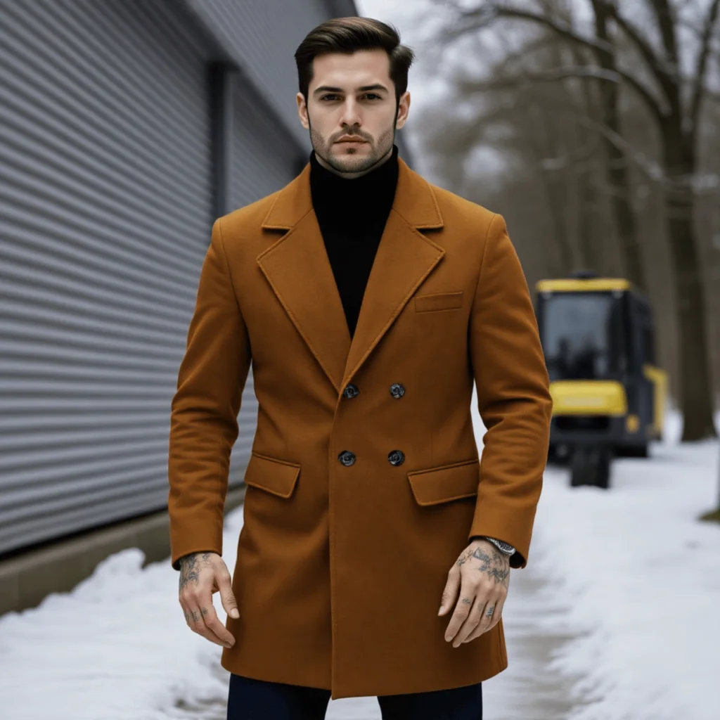 

Men's Wool Blend Double Breasted Trench Coat, Long Warm Windproof Jacket, Autumn Wear Cota, Solid Classic Style Streetwear