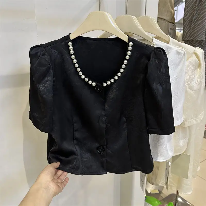 Short sleeved shirt women's jacquard bubble sleeve nail bead top 2024 summer feeling vinegar satin shirt