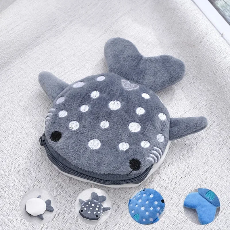 Plush Grey Small Whales Coin Purse Cute Zipper Women's Coin Wallet Shark Shape Girls Earphone Money Storage Bag Key Bag Purse