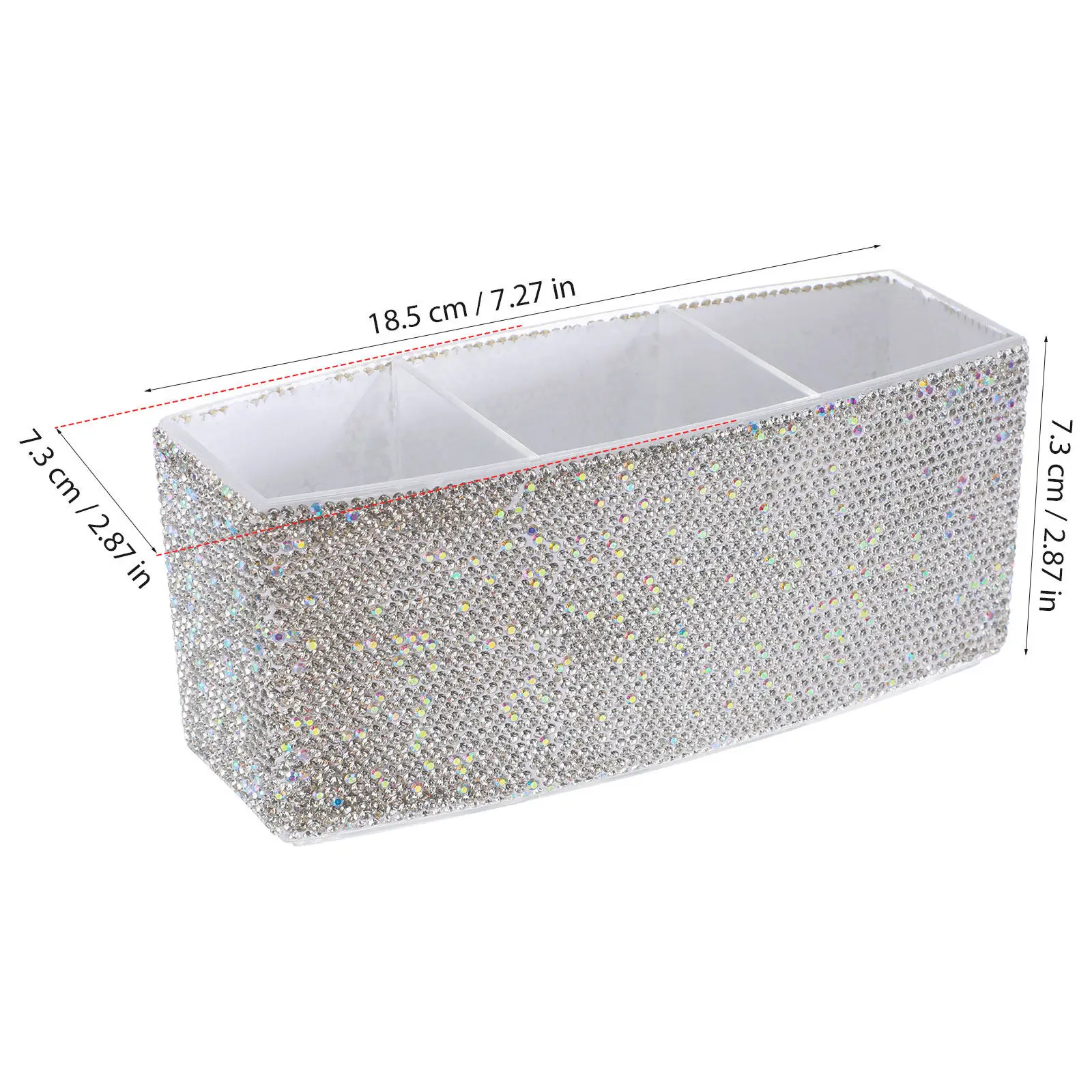Luxury Rectangular Bling Makeup Brush Holder with 3 Compartments Sparkling Rhinestone Vanity Organizer for Teen Girls Desk