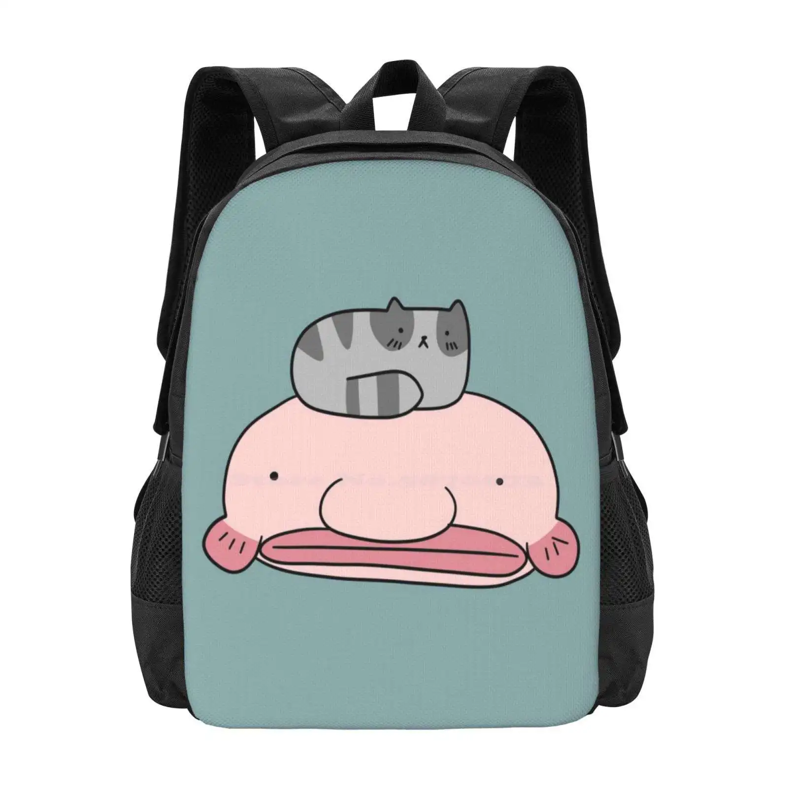 

Blobfish And Little Cat Hot Sale Schoolbag Backpack Fashion Bags Blobs Blob Fish Sea Creatures Ocean Life Kitty Kitties Tabby