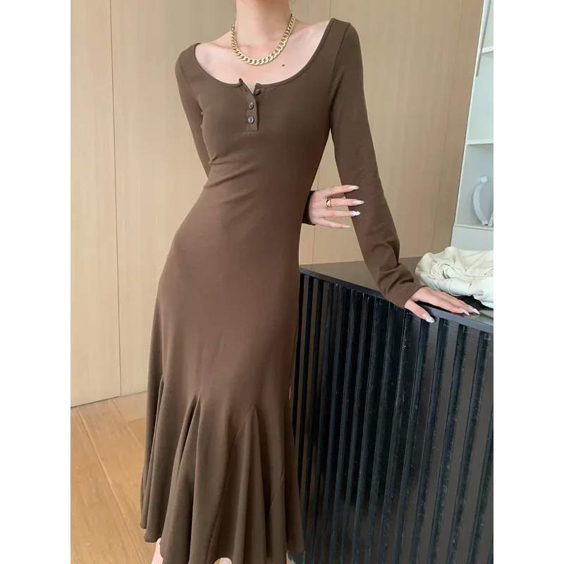 Women French Large U-neck Slim Fishtail Knitted Dress Autumn Elegant Elastic Black Coffee Color Fashion Lady Long Dresses