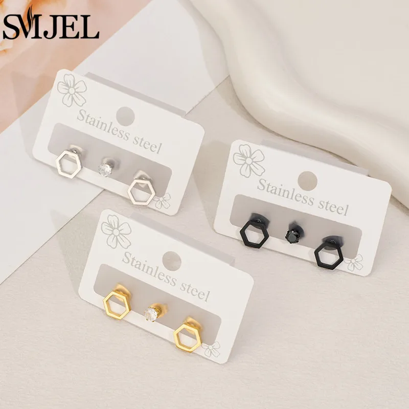 Minimalism Hexagon Earings Fashion Jewelry Small Stainless Steel Geometric Stud Earring 3Pcs/lot brincos para as mulheres