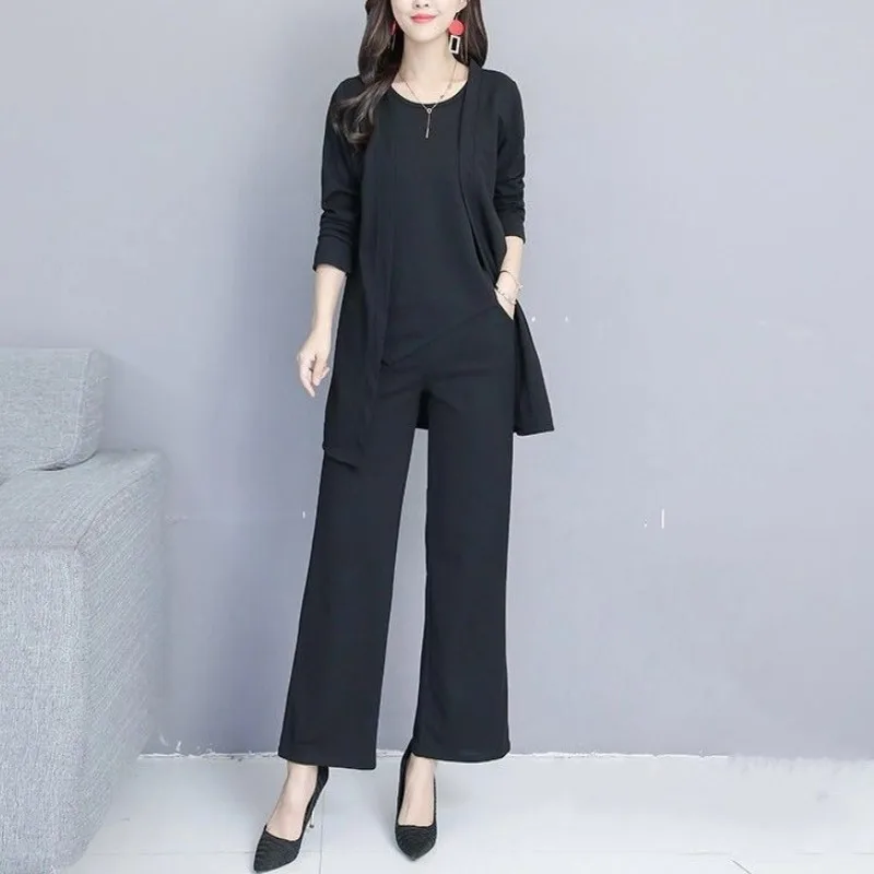 Women\'s Solid Color Round Neck Long Sleeved Two-piece Tops Spring Autumn New Fashion High Waisted Wide Leg Pants Three-piece Set