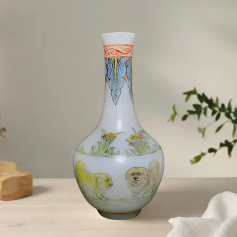 YIZHU CULTUER ART Size 11×5.8cm Chinese Old Beijing Glaze Hand Painted pug-dog Statue Vase Interior Decoration Collection