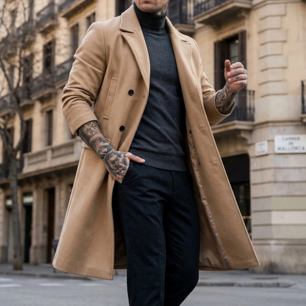 Men's Wool Blend Double-Breasted Trench Coat | Winter Knee-Length Business Warm Jacket | Street Style Menswear [Windproof] Men