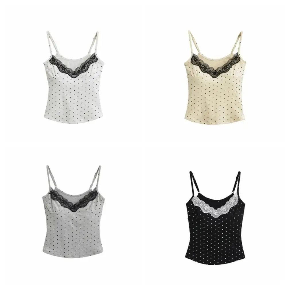 Kant Ruches Stippen Sling Vest Top Mouwloos Dieptepunt Shirt Hemdje met Pads Tank Pittige Meisjesstijl Y2K Slanke Crop Top Zomer
