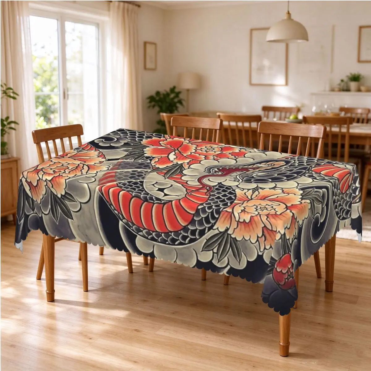 Japanese Art Tattoo Snake Peonies Flower Ink Tablecloth Restaurant Kitchen Rectangular Tablecloth Tablecloth Dining Table Cover