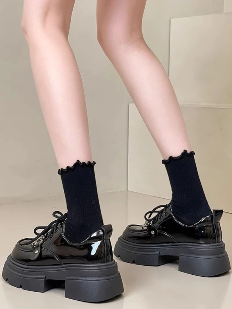 

2026 Spring New Black Women's Loafers Retro Korean Style British Fashion Platform Leather Shoes with Skirt JK Fashion Trendy