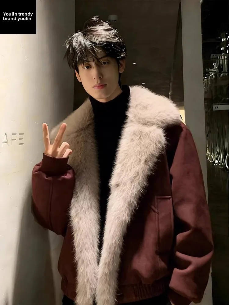 

Red Wolf King Mountain Eagle Jacket Men's Short Suede Mink Velvet Cotton Coat Warmth Winter Fashion Cleanfit Style Zipper