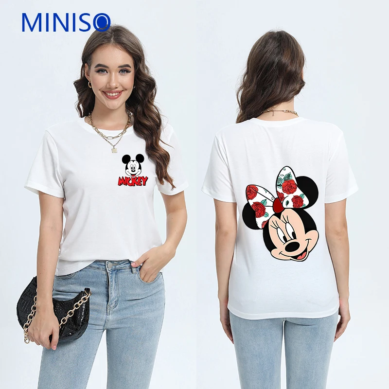 

Trends Cartoon Clothes Custom Disney Mickey Minnie Printed T-shirt Loose Top Woman Clothing Black t-Shirt 2025 Ladies Large Size