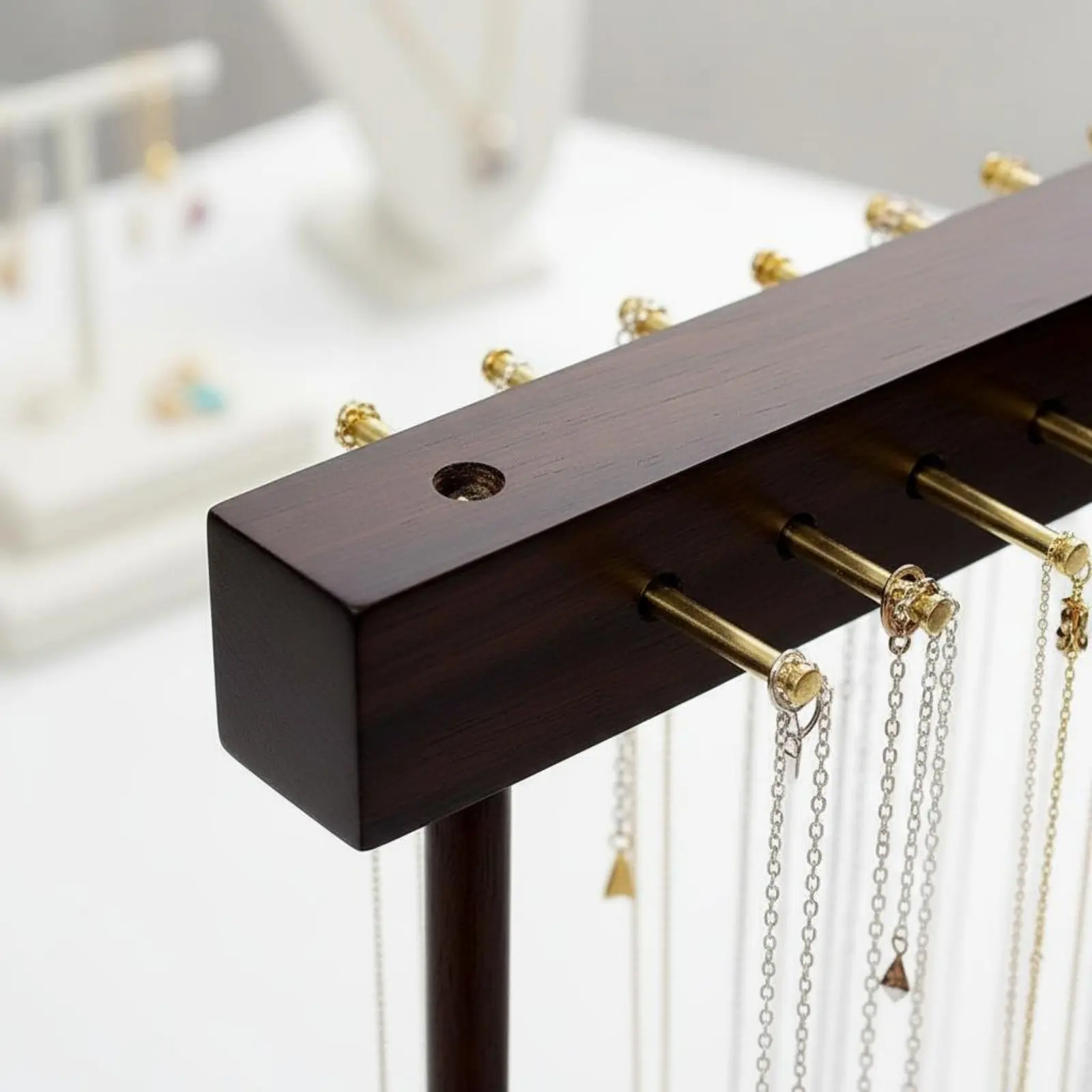 Wooden Necklace Display Stand Walnut Finish Necklace Display Stand Countertop Jewelry Rack Minimalist Design for Boutique Owners