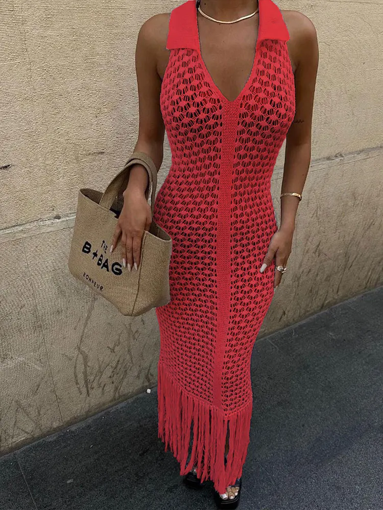 Kliou Gebreide Sexy Vrouwen Maxi Jurken Mode Prachtige Panelen Revers Lage Hals Mouwloos Kwastje Schede Lange Gewaad Mujer Clubwear