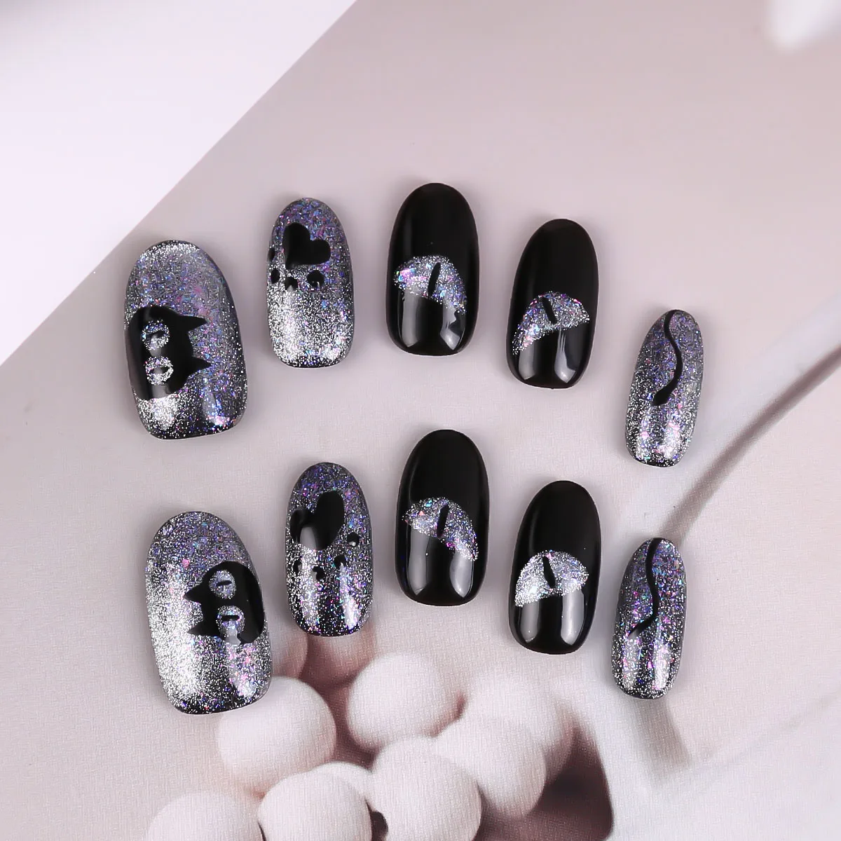 الصحافة اليدوية على الأظافر القوطية الشرير الأسود رسمت باليد الأظافر وهمية غطاء كامل يمكن ارتداؤها الأوروبي منتصف طول نعش الأظافر كاذبة