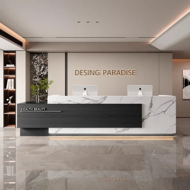 

Design Checkout Front Desk Reception Counter White Long Classic Reception Desk Beauty Salon Recepcion Mostrador Office Furniture