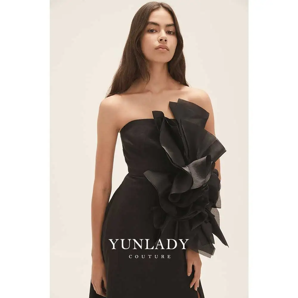 YUNLAN Gorgeous Dubai Black 3D Flower Midi Tube Evening Dress 2024 Saudi Arabian Special Occasion Formal High Slit Party Dress