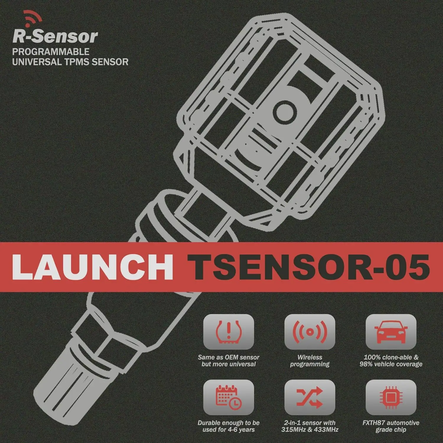 2025 LAUNCH X431 TSENSOR-05 Czujnik TPMS 315MHz/433MHz Narzędzie do naprawy opon Czujnik TPMS 100% programowalny Czujnik opon współpracuje z X431