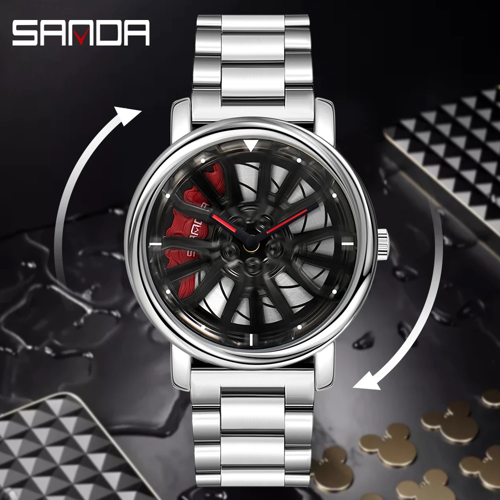 SANDA Men Fashion Hot Sell Car Rim Watch 360 Degree Rotating Wheel Rim Dial Stainless Steel Waterproof Sport Quartz Men Watches