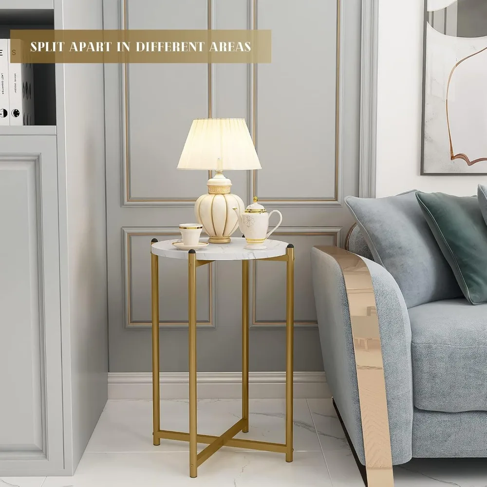 Faux Marble Coffee Table Set - 3 Piece, Including 1 Coffee Table and 2 Sofa Tables, Round Tops with Metal Cross Bases, Ideal for