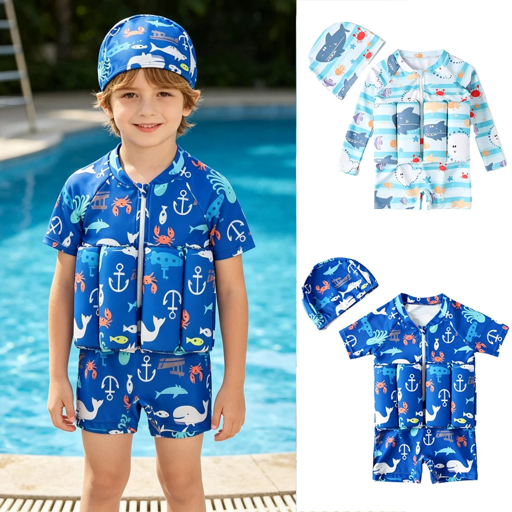 Boys Girls Swimming Suits Child Buoyancy Swimsuit Short/Long Sleeve Swimwear Kid One-Piece Floating Rash Guards Bathing Clothes