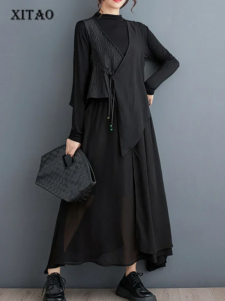 

XITAO Chinese Style Chiffon Irregular Vest Loose Casual A-line Skirt Two Piece Set Fashion Patchwork Women New Set DMJ4141