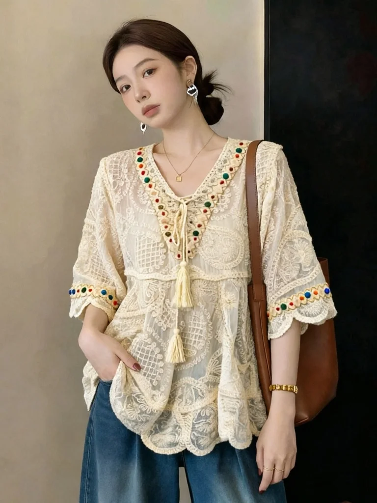 

Bohemian Style Lace Shirt V-Neck Embroidered Hook Flower Short Sleeve Women's Summer New plus Size Casual Fashion Top