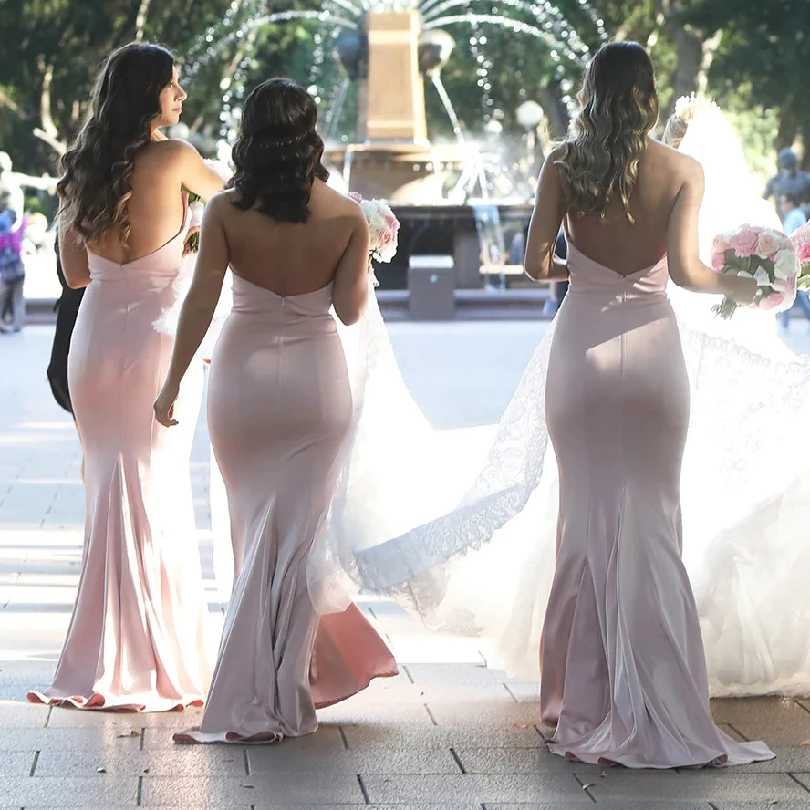 Customized Pink Long Bridesmaid Dresses Mermaid Strapless Sleeveless Silk Satin Wedding Party Gown With Zipper Backless YBD52